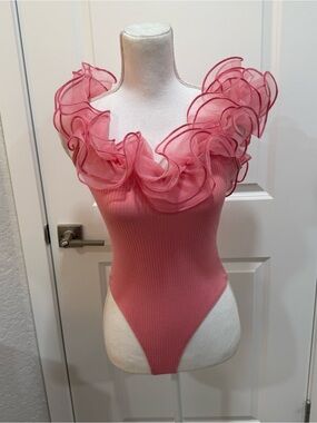 Jealous Tomato Pink Organza Trimmed Ribbed Cotton Sleeveless Bodysuit  Size Med